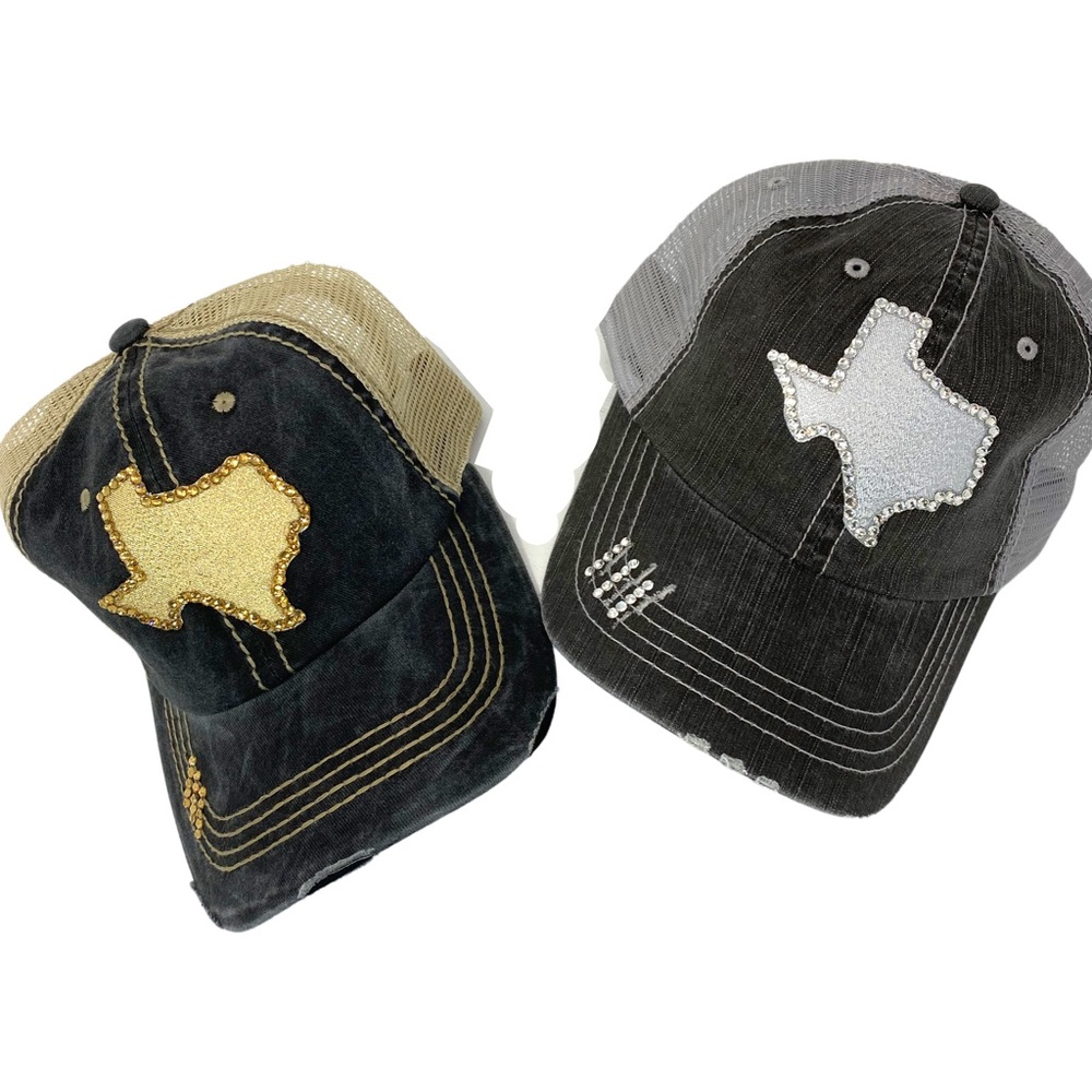 TEXAS Blinged Out Distressed‎ Metallic Gold & Silver Trucker Style Snapbacks